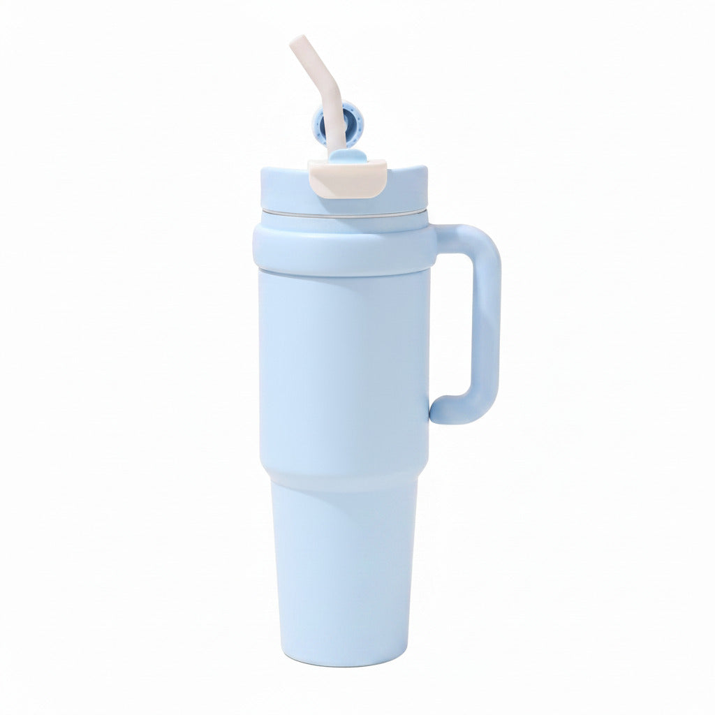 Lineup of black, blue, and green insulated tumblers with matching handles.