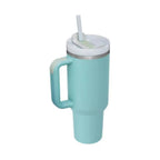 Collection of large-capacity metal travel cups in various patterned designs.