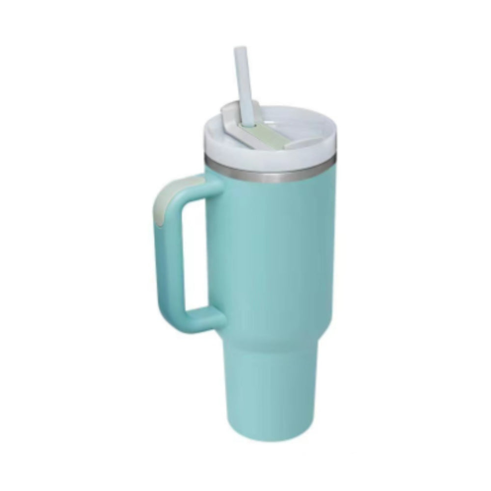 Collection of large-capacity metal travel cups in various patterned designs.