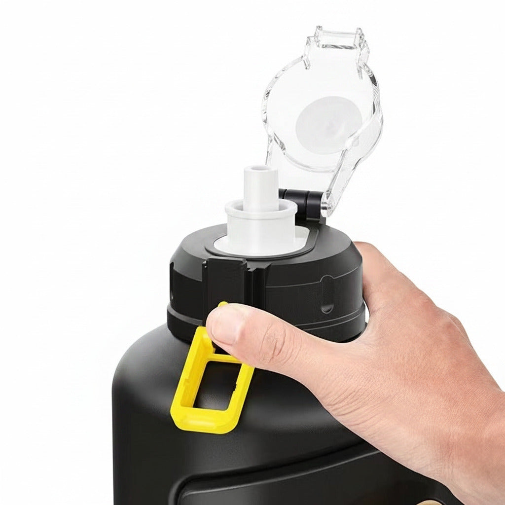 Navy blue stainless steel sports bottle featuring an integrated side handle and secure lid.