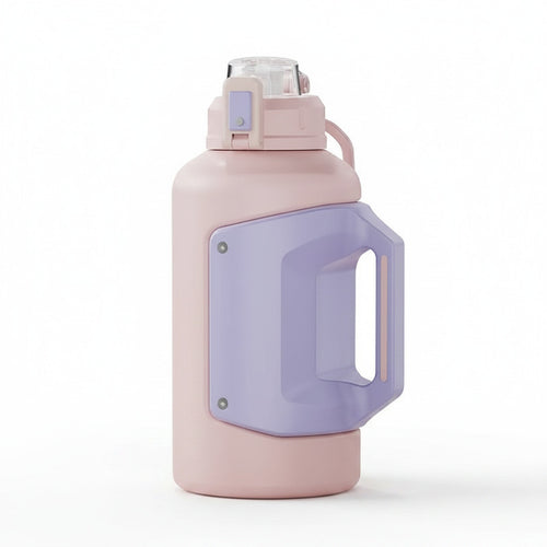 Portable fitness water jug highlighting its sturdy handle and drop-resistant build.