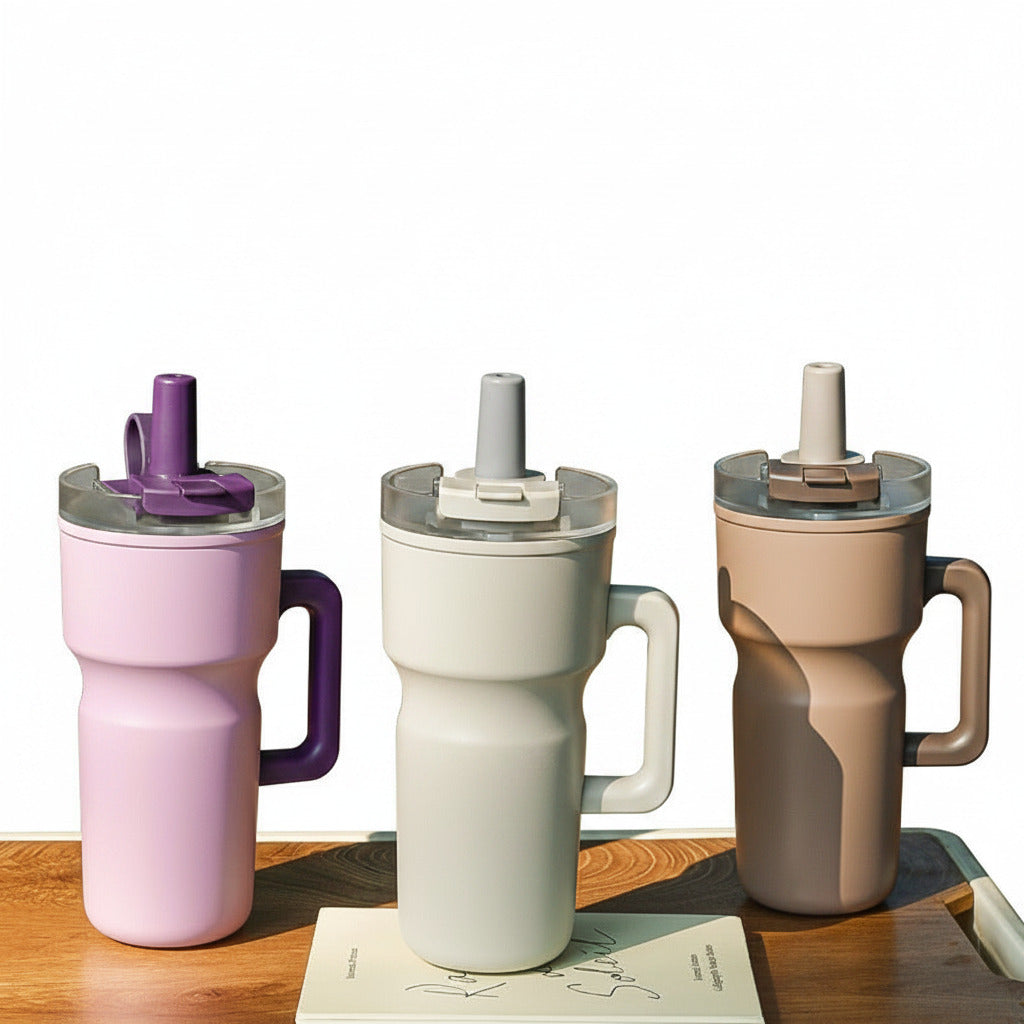 Stainless steel car cup featuring an integrated side handle and straw lid.